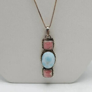 Sterling Silver Pendant Necklace With Blue Larimar Pink Rhodochrosite Stones